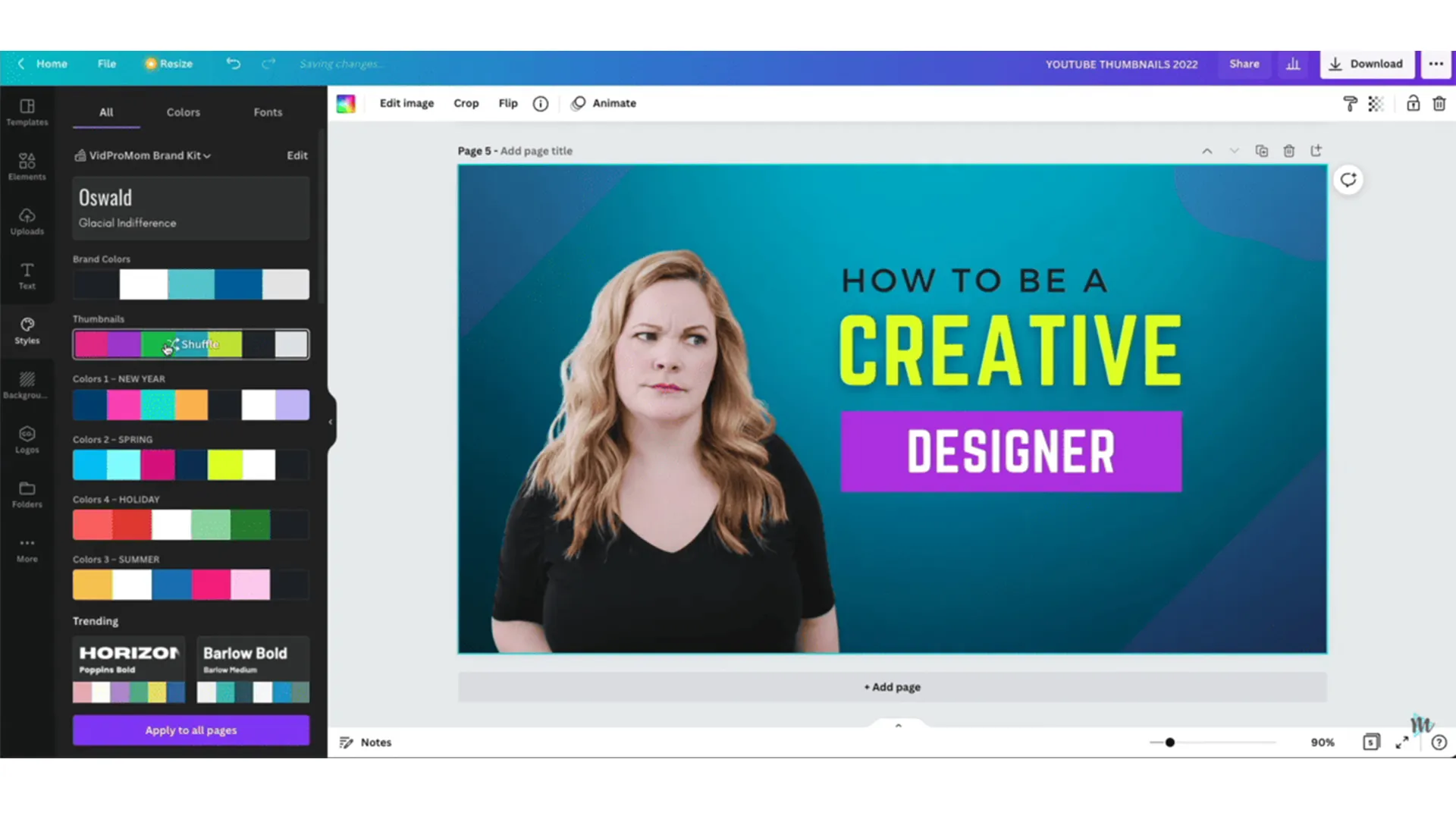 Canva interface showing a user designing a YouTube thumbnail with text and colors.