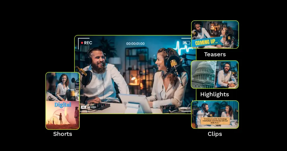 An image indicating the breakdown of Clips, Teasers, Highlights and Shorts with two people in a podcasting setup