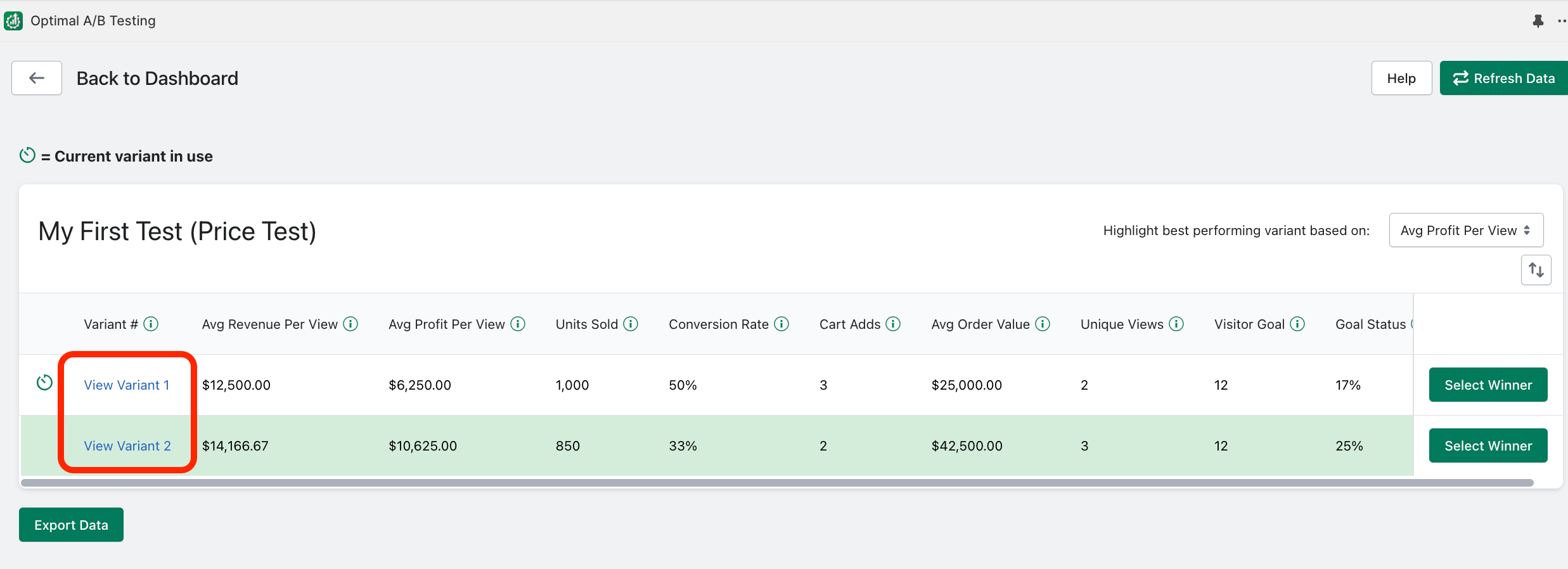 View variant link is shown on View Results page of A/B Test screen