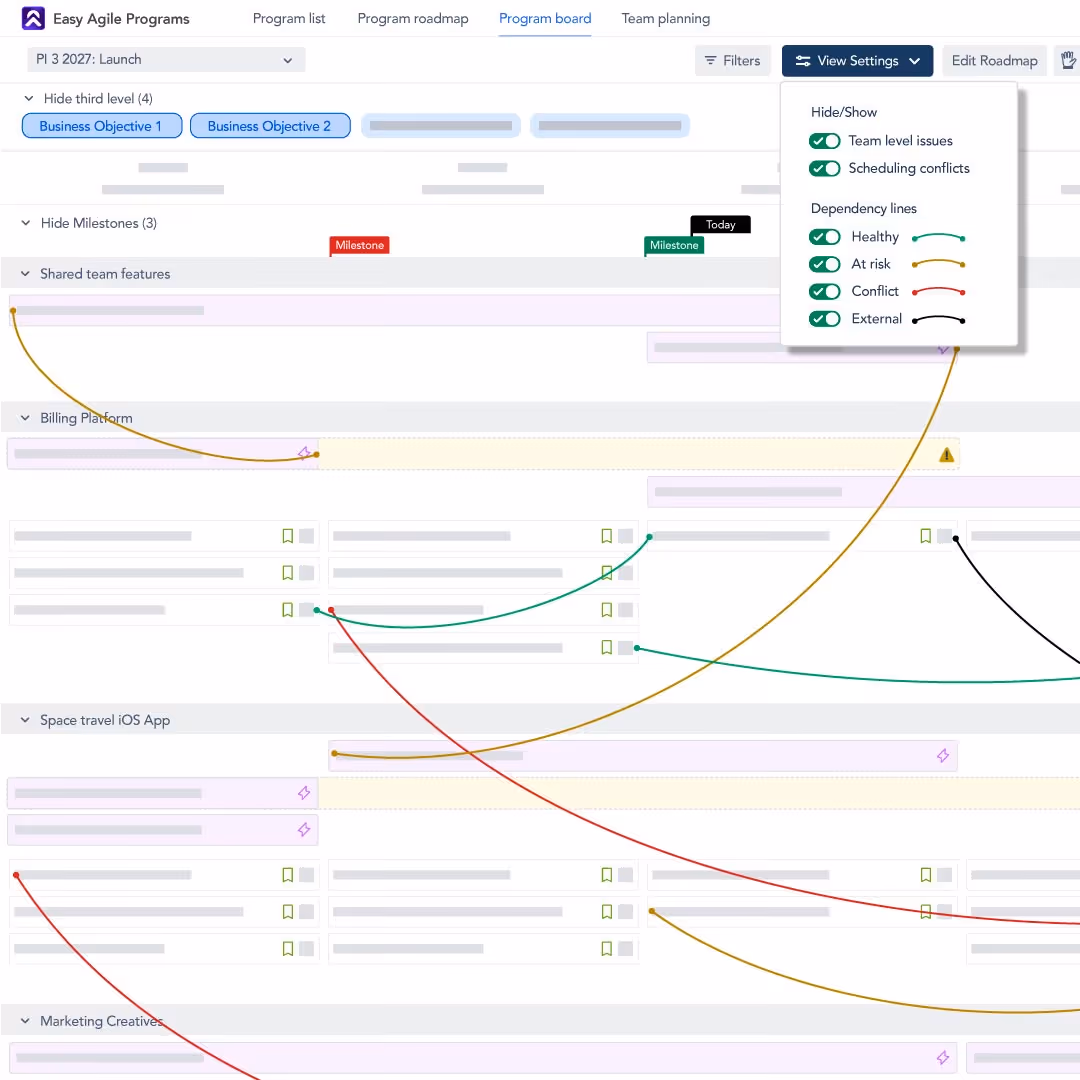 UI of Easy Agile Programs showing dependency lines