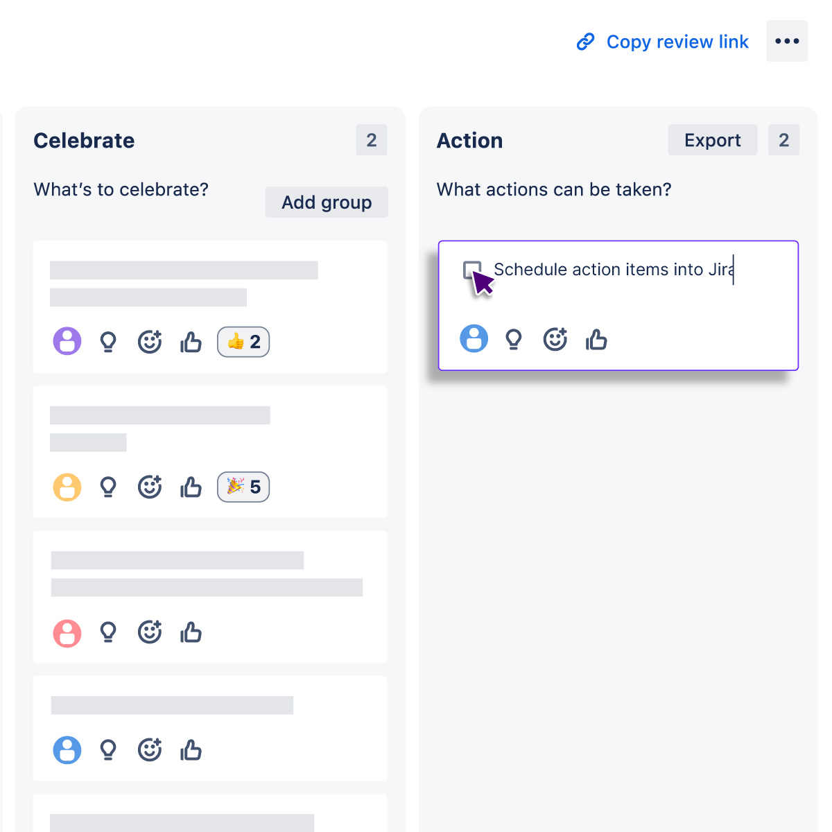 Two columns titled Celebrate and Action showing grouped feedback with icons for user, idea, smile, and thumbs up, plus reactions count; an action item is being scheduled into Jira.