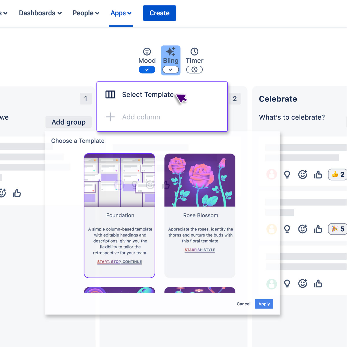 Review in-app UI showing the available templates
