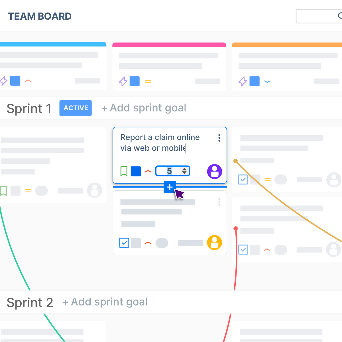 Digital team board interface showing Sprint 1 active with task card titled 'Report a claim online via web or mobile' and an add task button selected.
