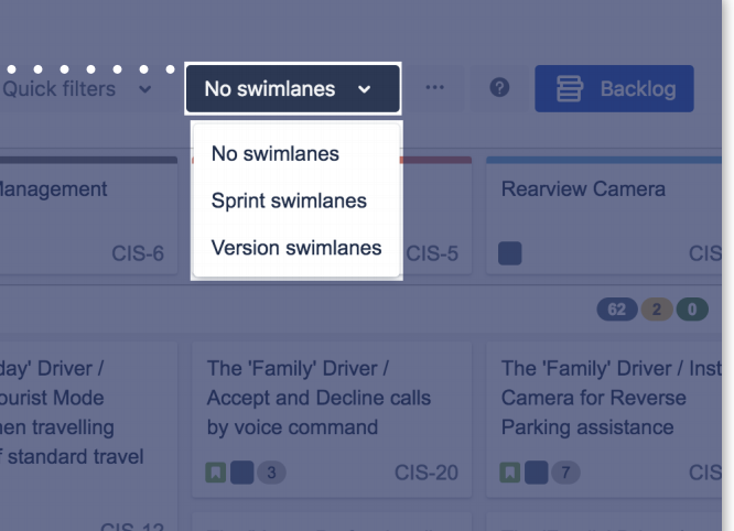 Swimlane and version drop down menu