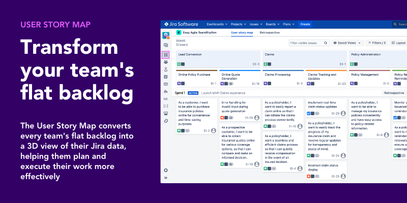 The User Story Map transforms your team's flat backlog in Jira into a 3D view of their Jira data