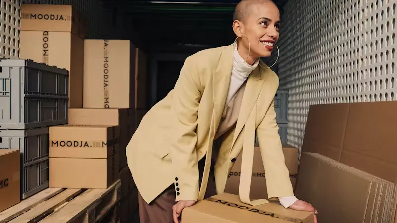 fashion fulfillment, frau model mit designer kleidung im lkw zwischen moodja paketen