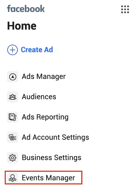 First, select Events Manager in the Facebook navigation sidebar