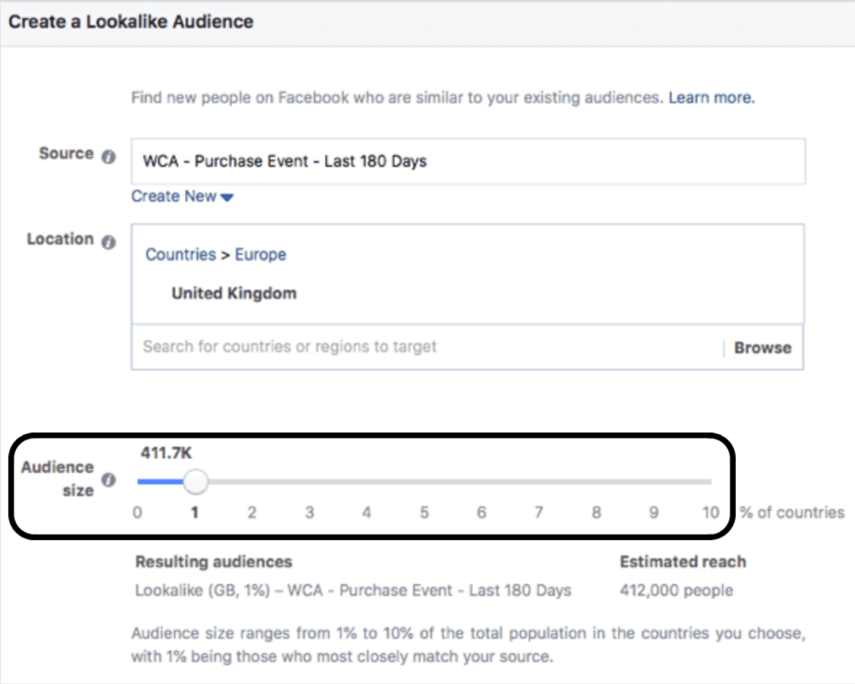 In the Source field of the lookalike audience creation window, select your event-based website custom audience followed by choosing a target country and size of the audience.