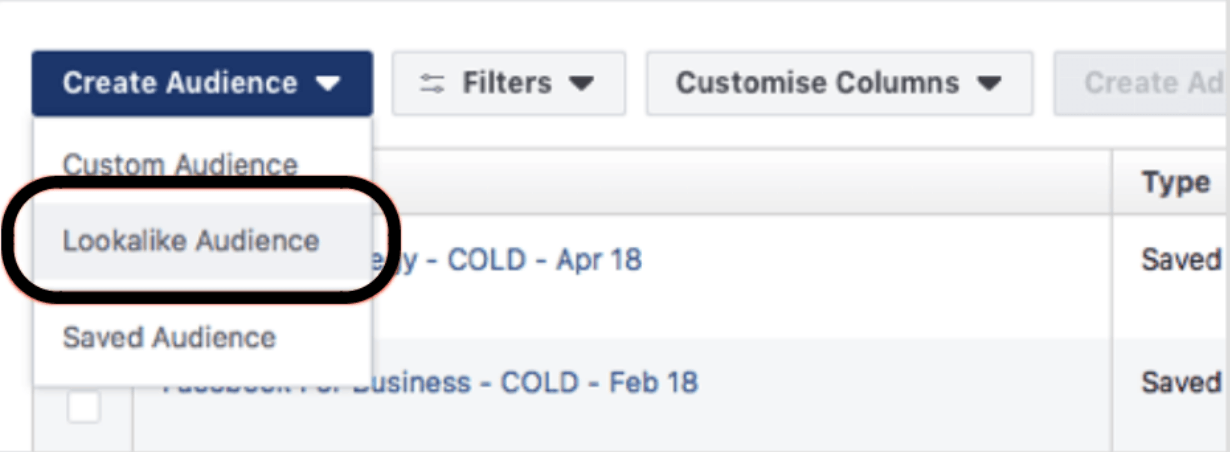 Using a custom audience, head to Audience Dashboard and select Lookalike Audience option from the drop-down menu of Create Audience.