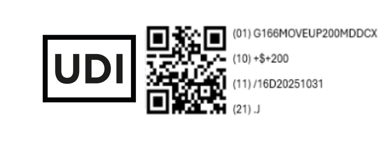 QR code next to a UDI label and alphanumeric codes: (01) G166MOVEUP200MDDCX, (10) +$+200, (11) /16D20251031, (21) J.