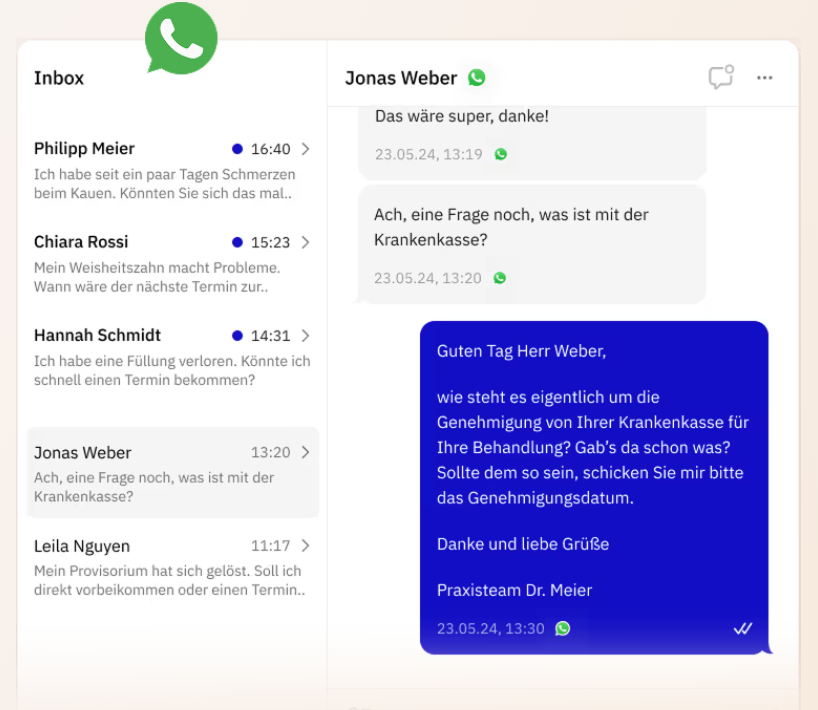 Screenshot der Zahnarztsoftware Roger zeigt WhatsApp Chats