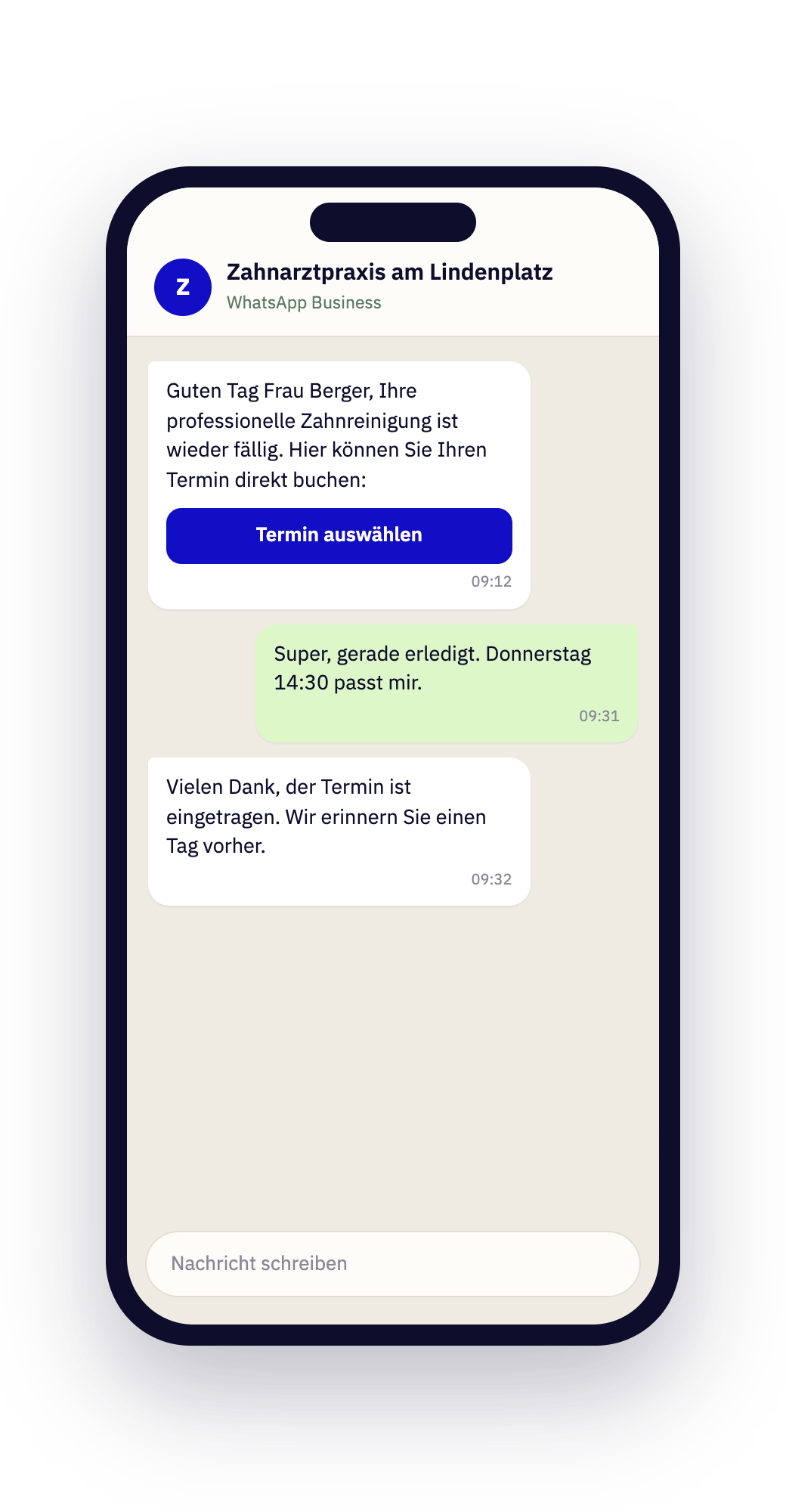 WhatsApp-Recall mit Buchungslink auf dem Handy
