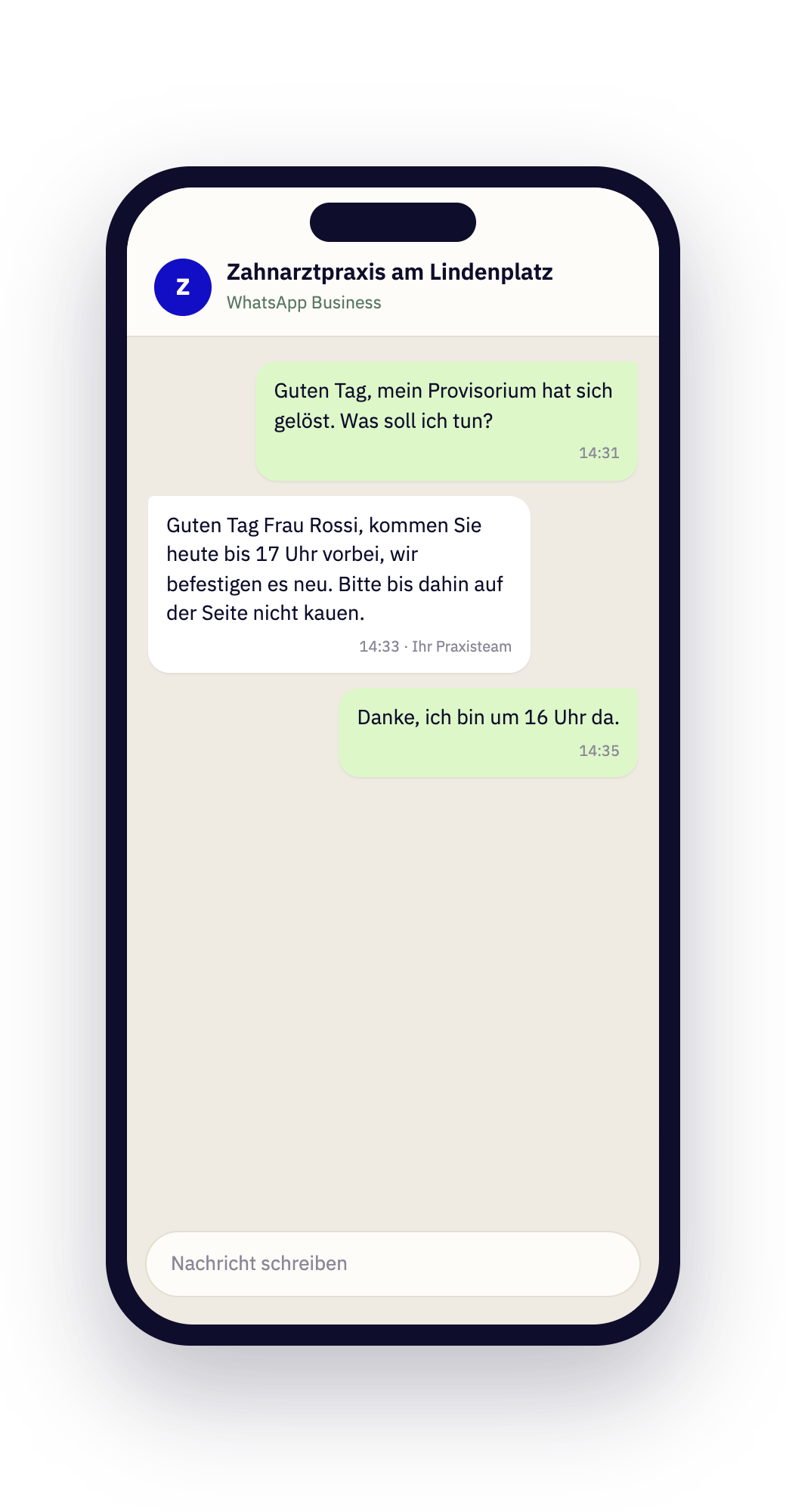 Praxis-Postfach mit WhatsApp-Nachricht in Roger
