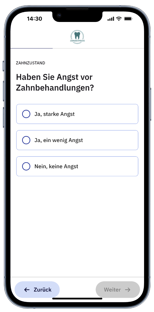 Digitale Anamnese am Smartphone: Frage zum Zahnzustand