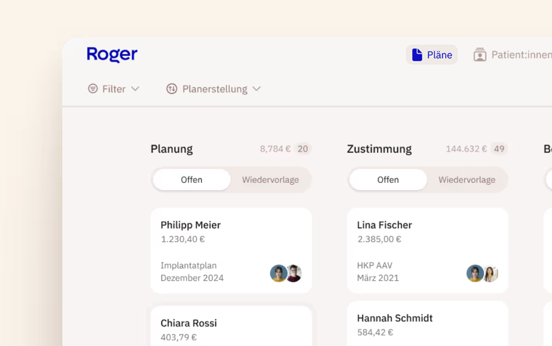 Pläne und Abrechnung in der Roger Übersicht