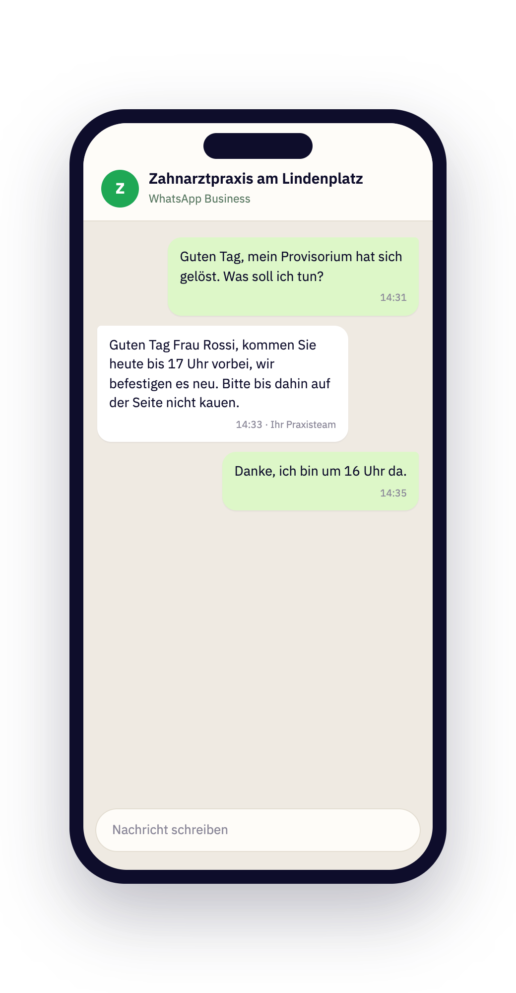 Praxis-Postfach mit WhatsApp-Nachricht in Roger