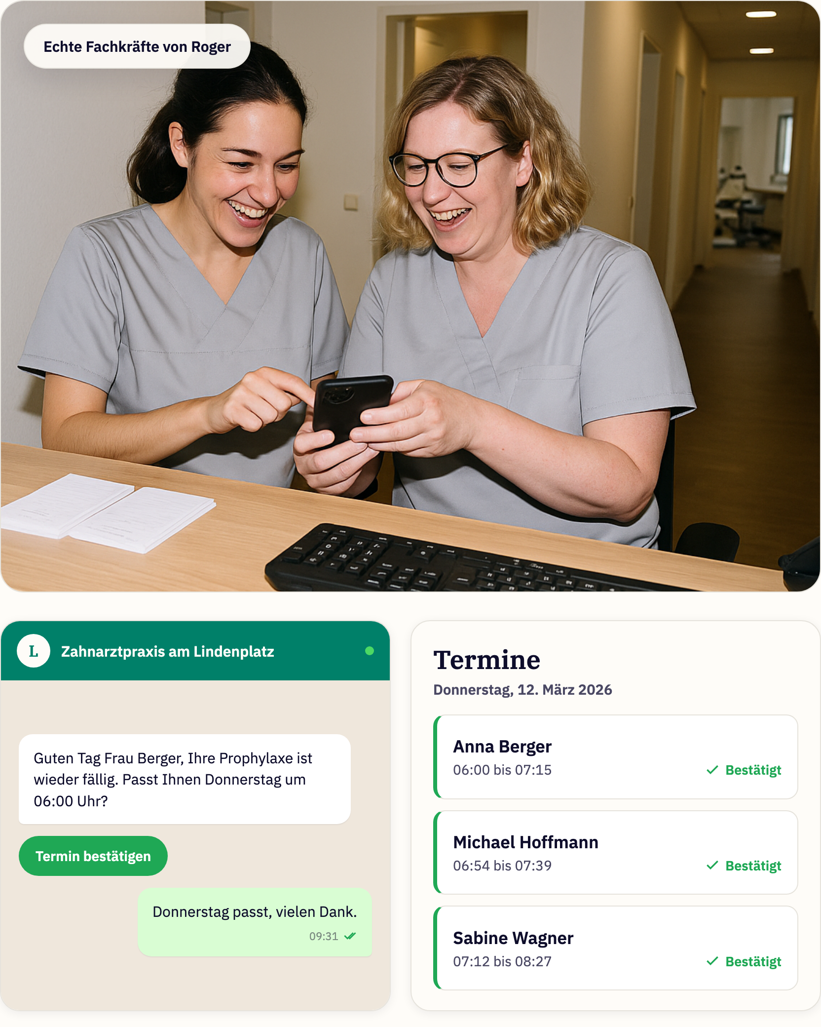 Zwei Fachkräfte einer Zahnarztpraxis schauen lachend auf ein Handy, darunter die WhatsApp-Terminbestätigung und drei bestätigte Termine in Roger