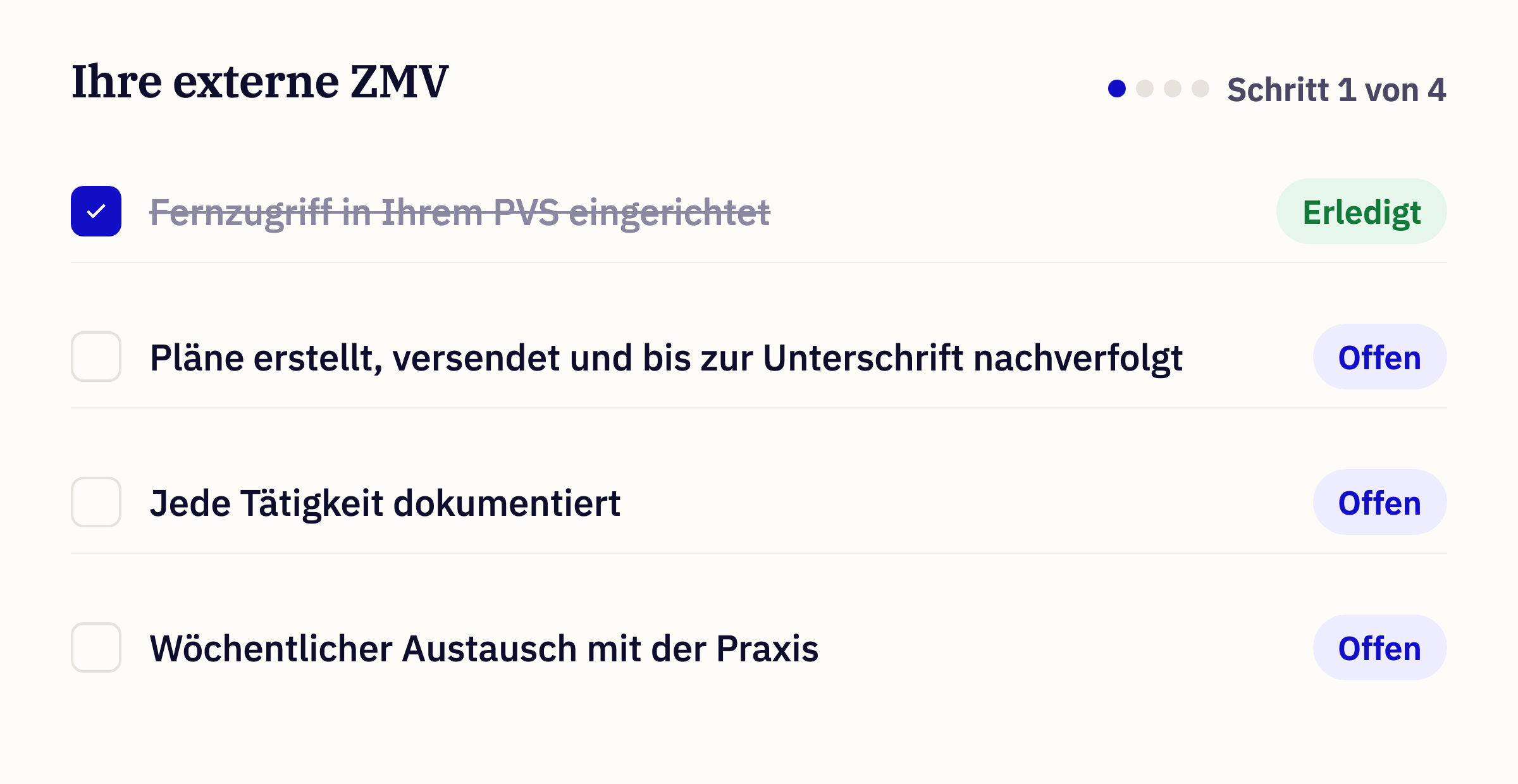Aufgabenliste der externen ZMV, erster Schritt erledigt