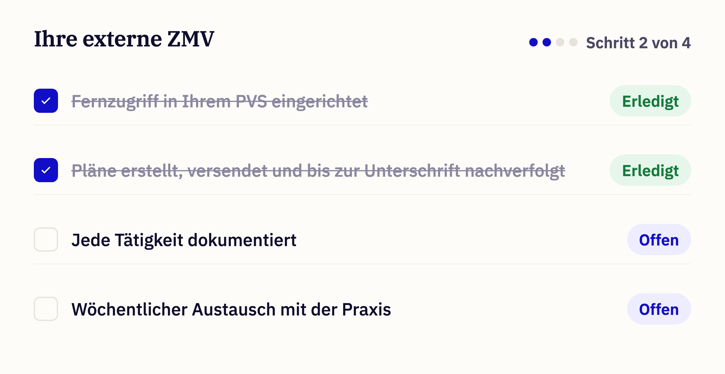 Aufgabenliste der externen ZMV, zwei Schritte erledigt