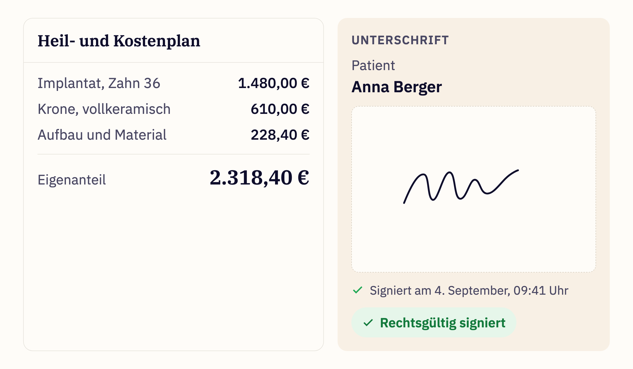 Heil- und Kostenplan mit rechtsgültiger Unterschrift des Patienten