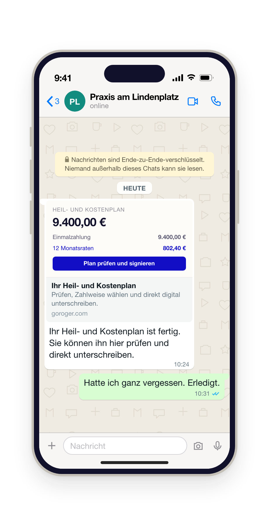 Der Heil- und Kostenplan auf dem Handy des Patienten: Einmalzahlung oder Raten, direkt per WhatsApp geprüft und signiert