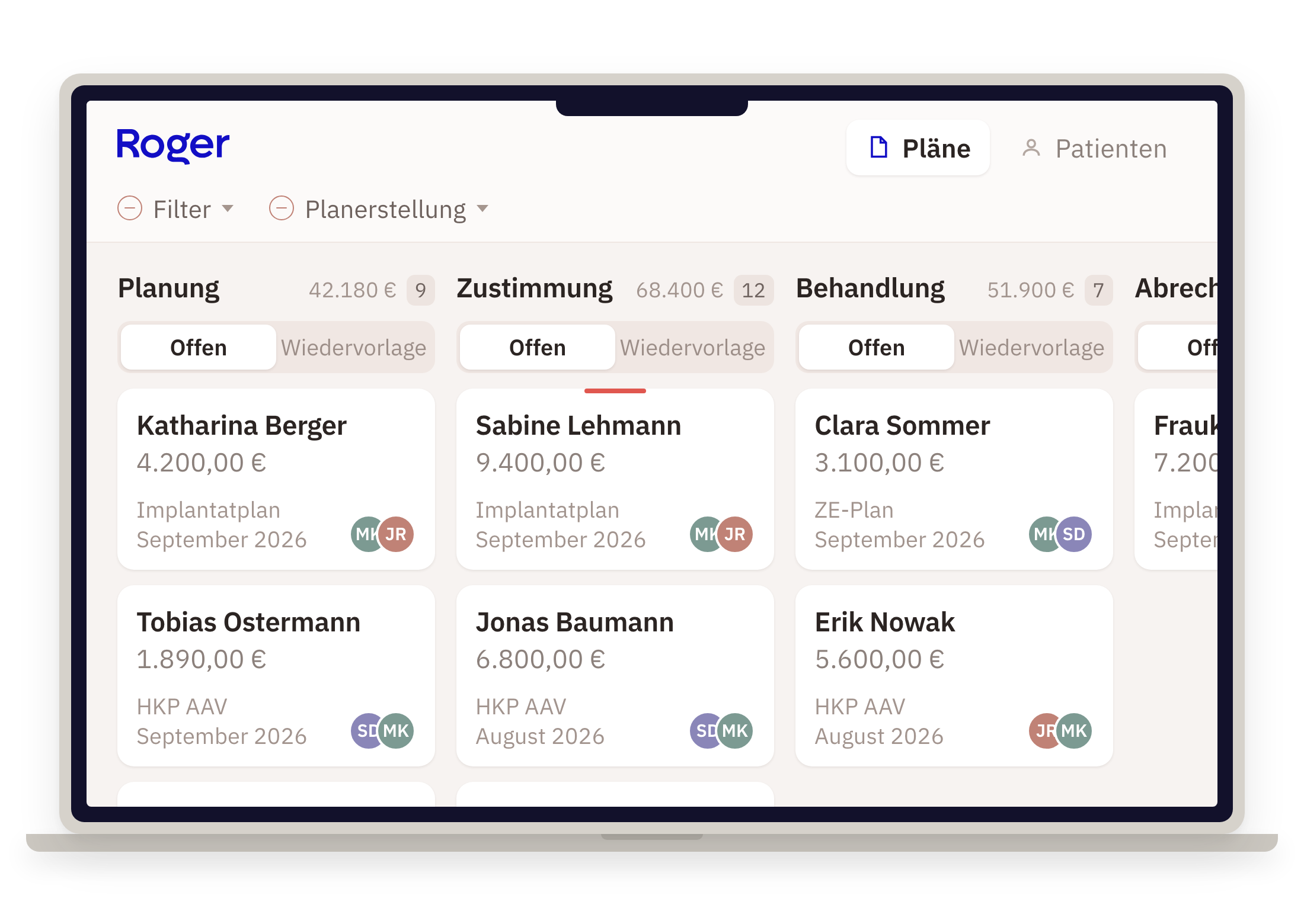Die Planübersicht in Roger: Heil- und Kostenpläne nach Status in Spalten, je Plan mit Betrag, Plantyp und zuständiger Person