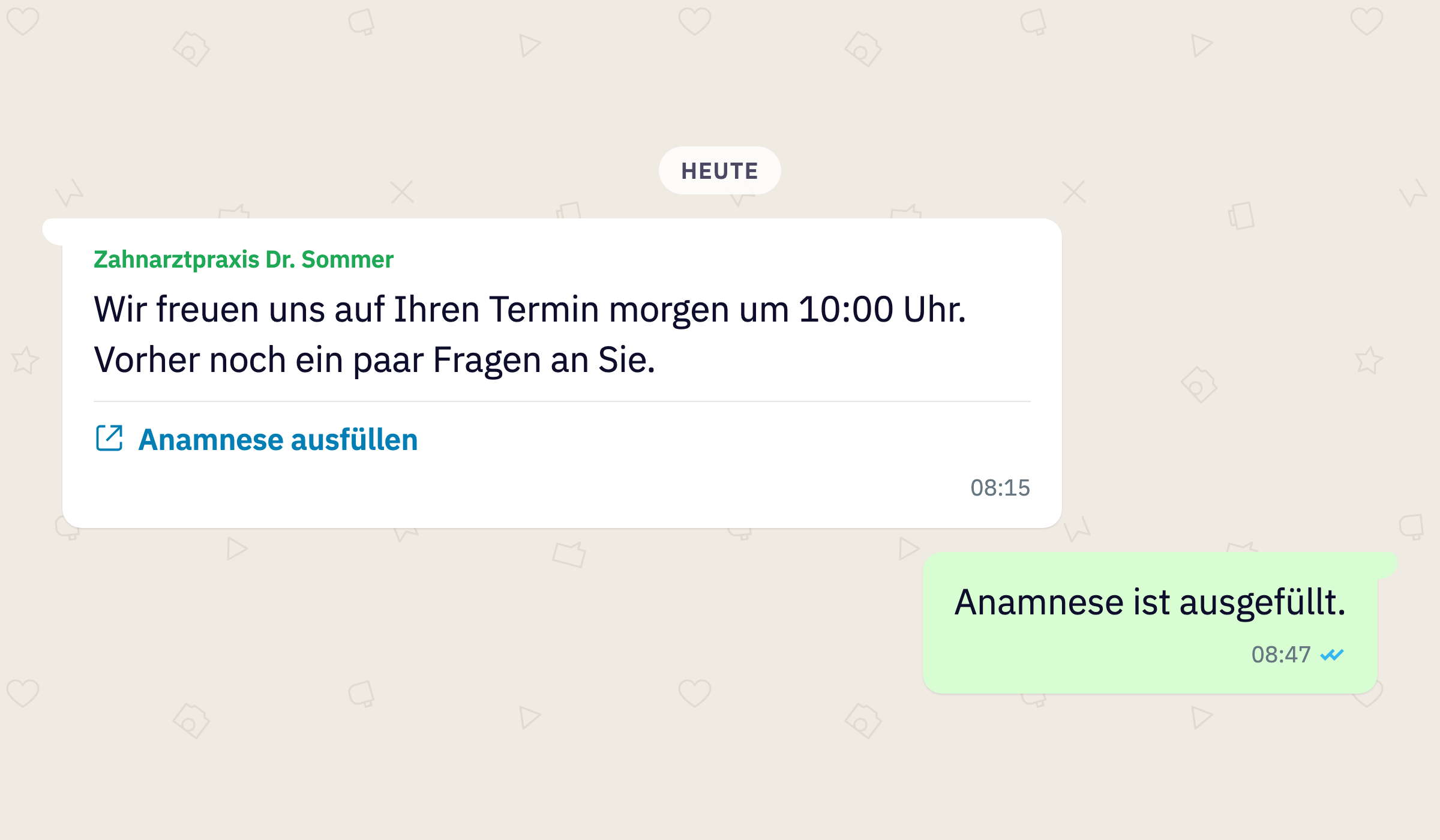 Terminbestätigung per WhatsApp mit dem Link zur digitalen Anamnese