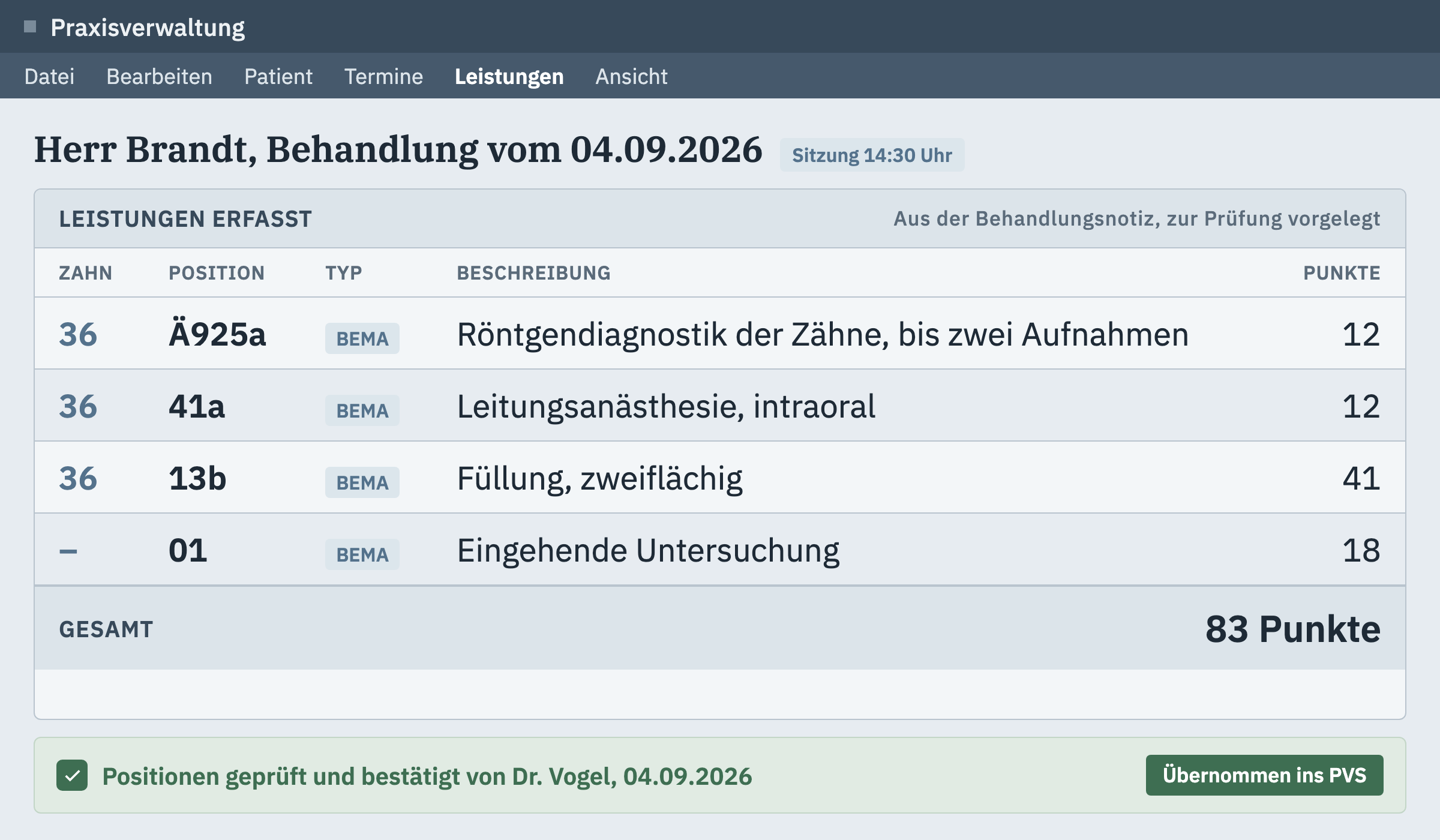 Geprüfte Leistungen mit BEMA- und GOZ-Positionen im Praxisverwaltungssystem