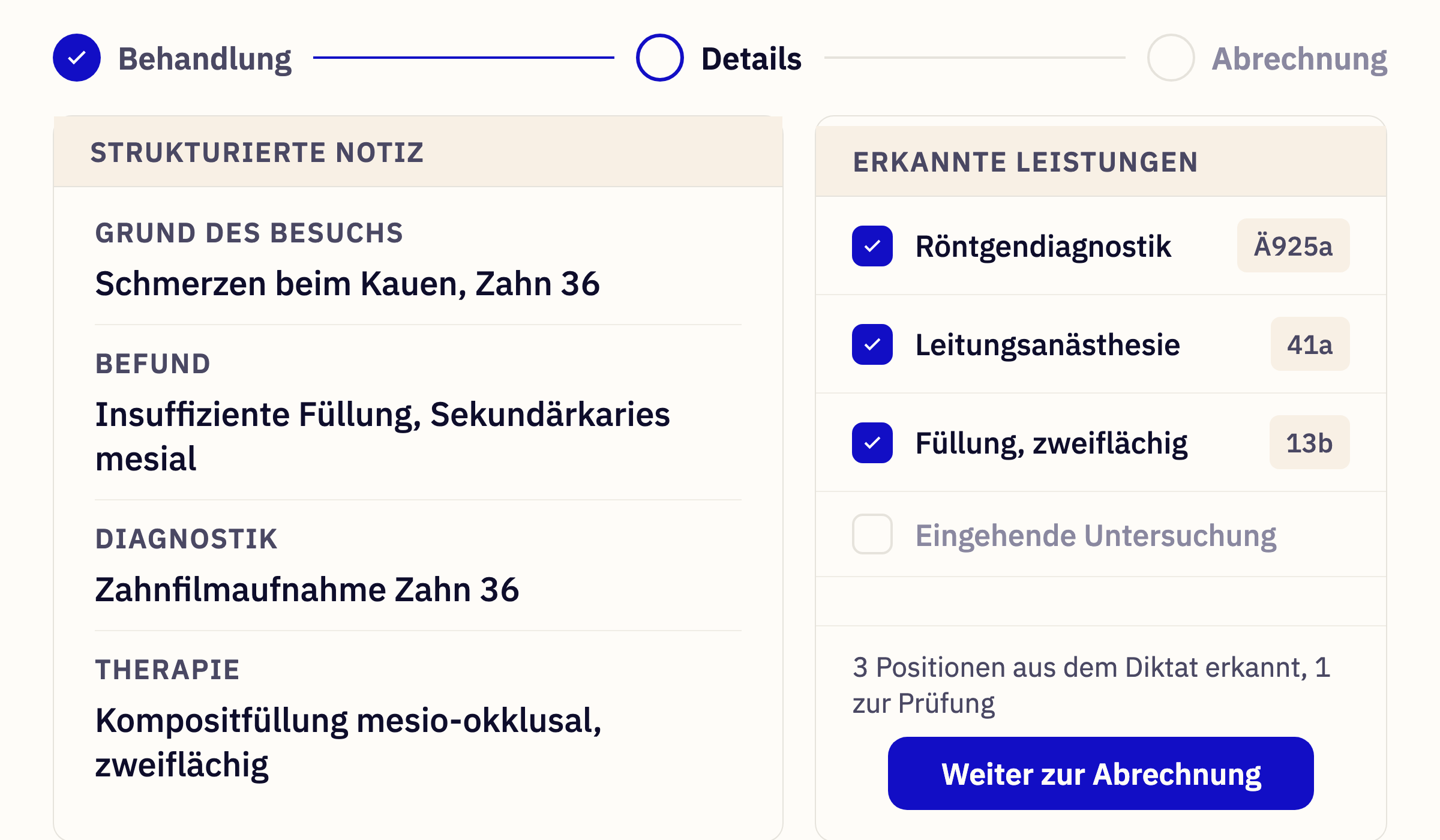 Strukturierte Behandlungsnotiz und die daraus erkannten Leistungen in Roger