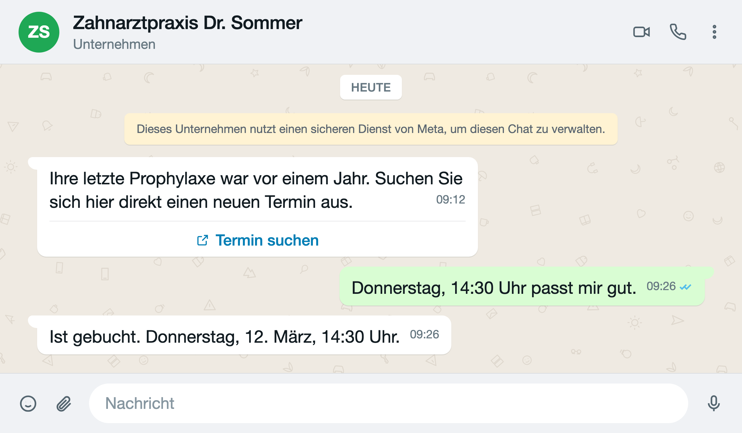Recall per WhatsApp mit Buchungslink und bestätigtem Termin