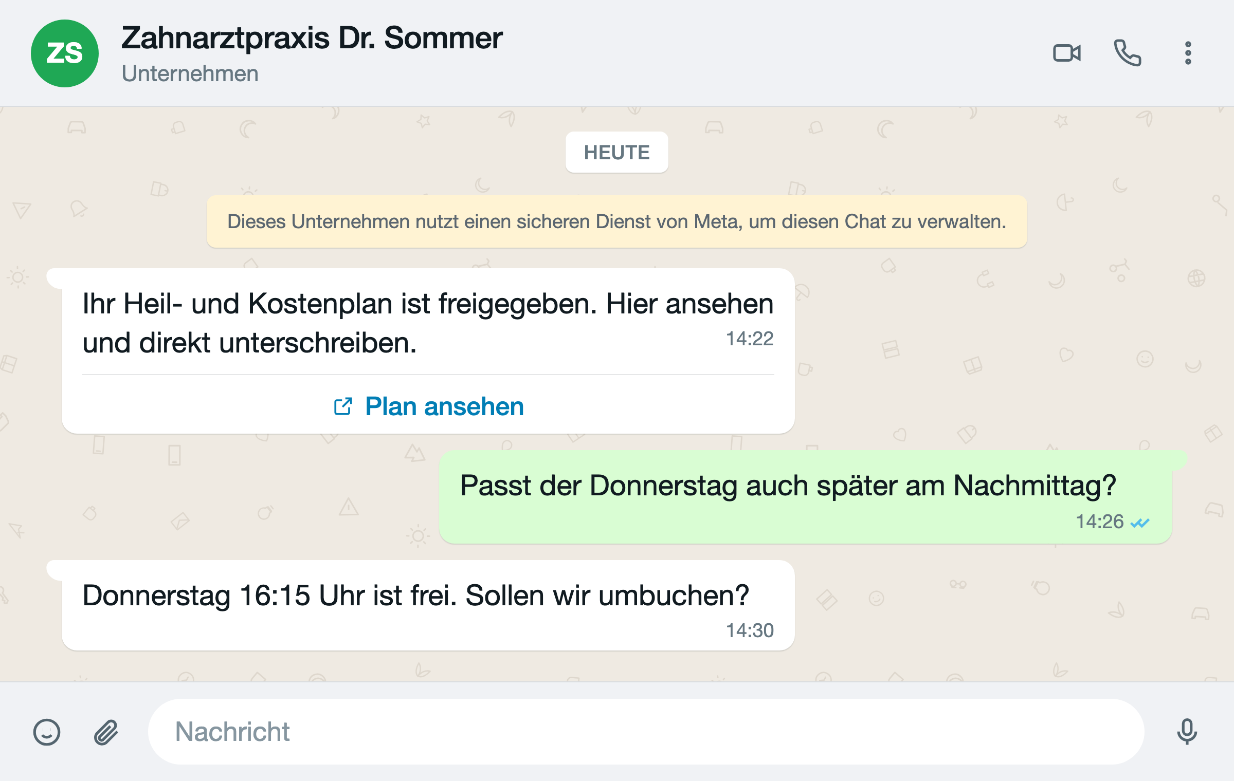 WhatsApp-Chat zwischen Praxis und Patient: freigegebener Heil- und Kostenplan, Rückfrage und Antwort der Praxis