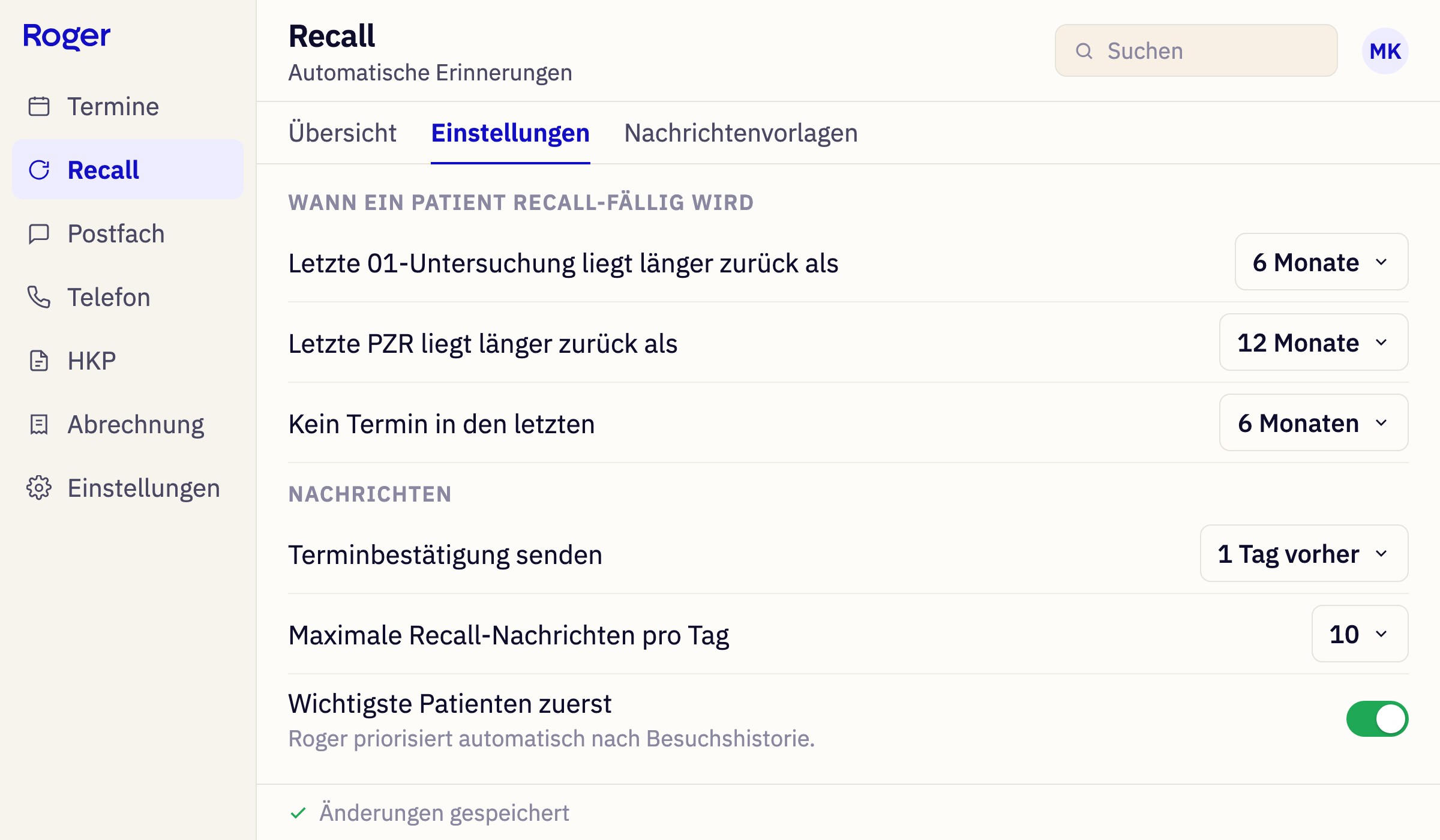 Recall-Einstellungen in Roger mit Regeln für die 01-Untersuchung und die PZR