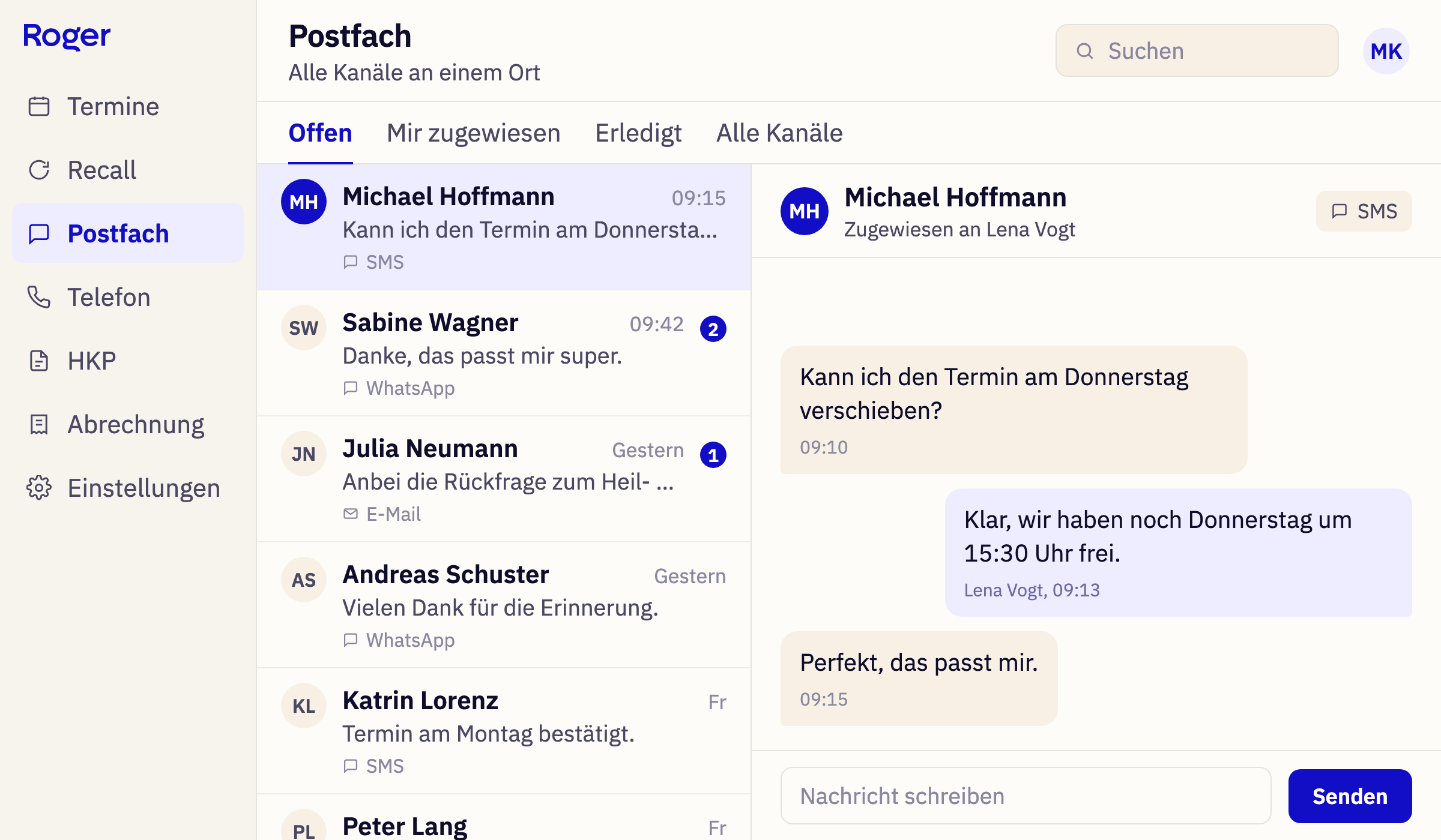 Gemeinsames Praxis-Postfach in Roger mit WhatsApp, SMS und E-Mail