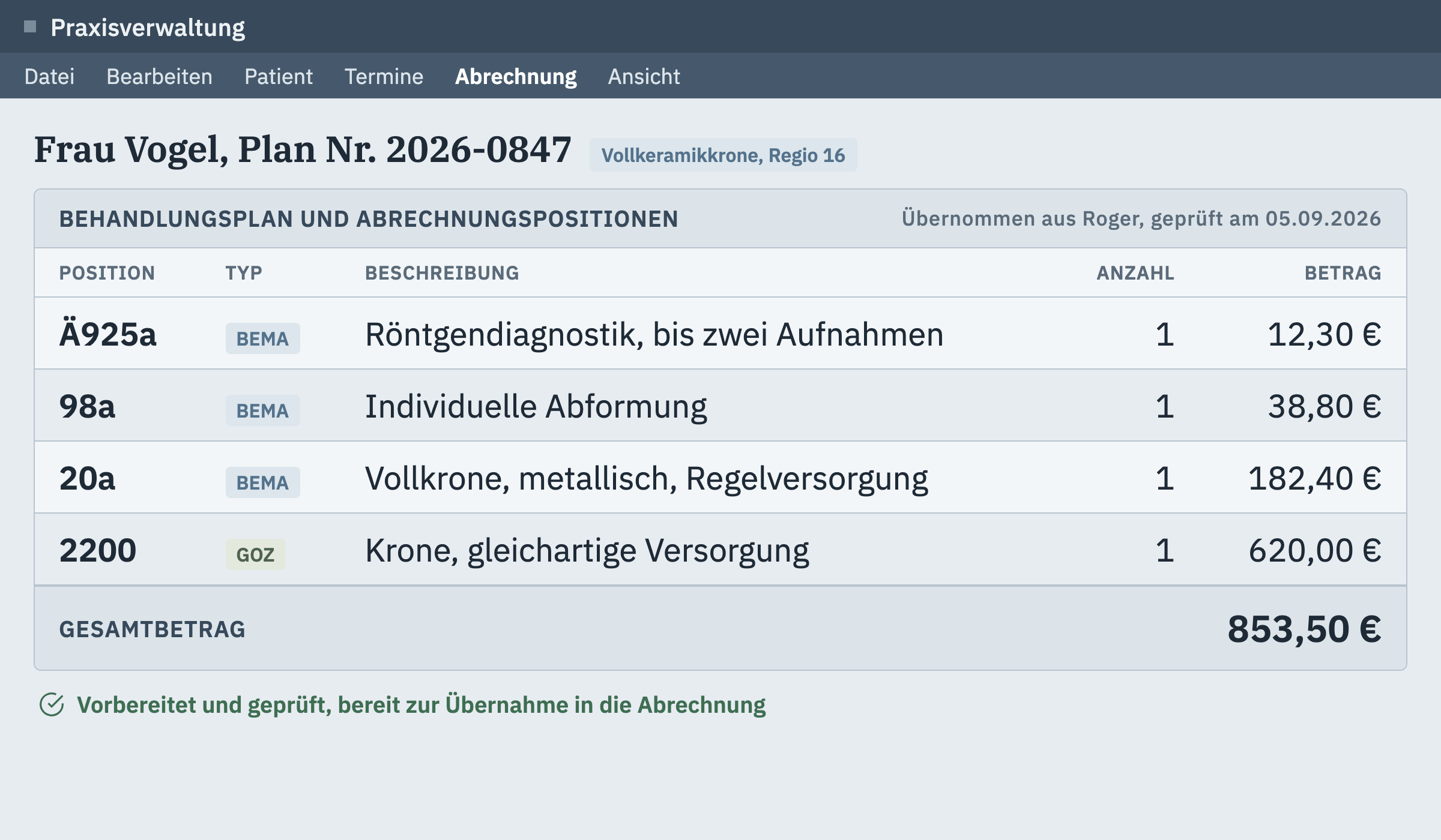 Behandlungsplan mit Abrechnungspositionen im Praxisverwaltungssystem