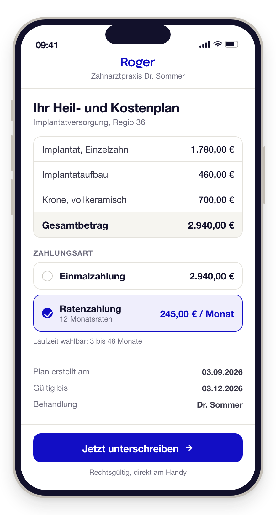 Heil- und Kostenplan auf dem Handy mit Ratenzahlung und Unterschrift