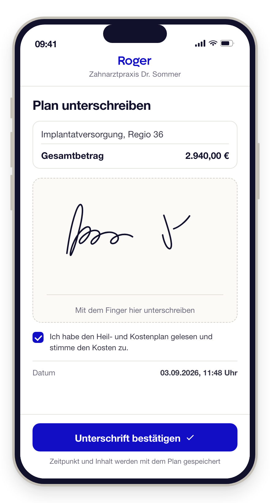 Heil- und Kostenplan rechtsgültig auf dem Handy unterschreiben