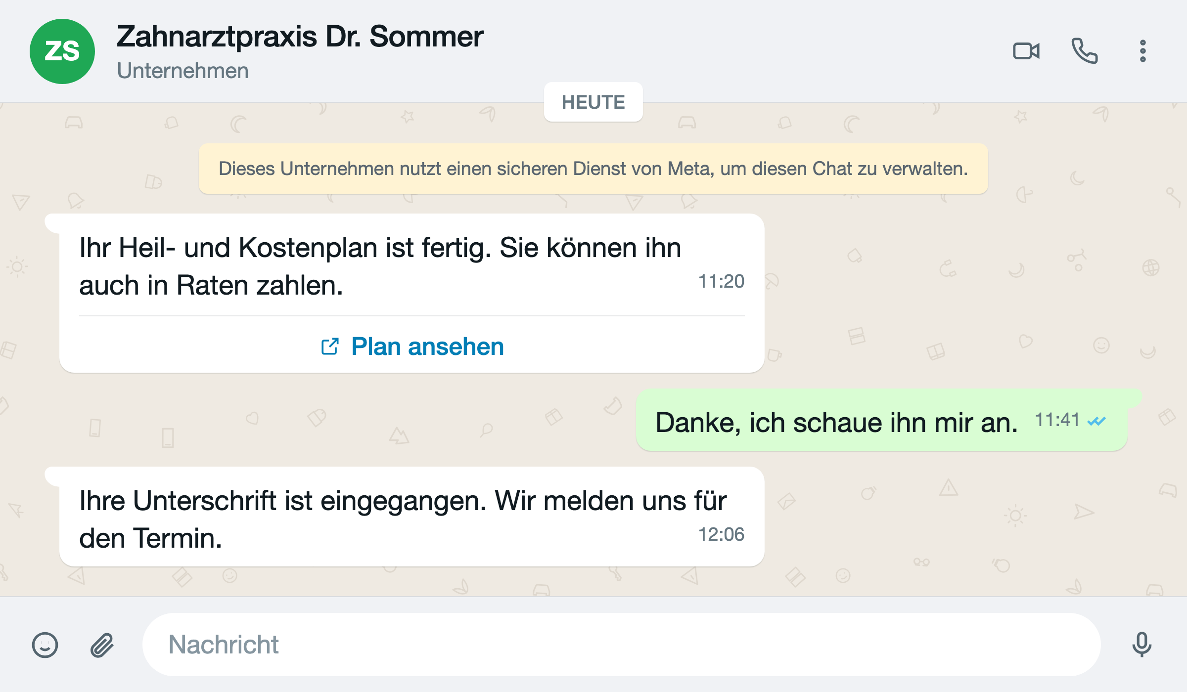 Heil- und Kostenplan als WhatsApp-Nachricht mit Link für Patienten