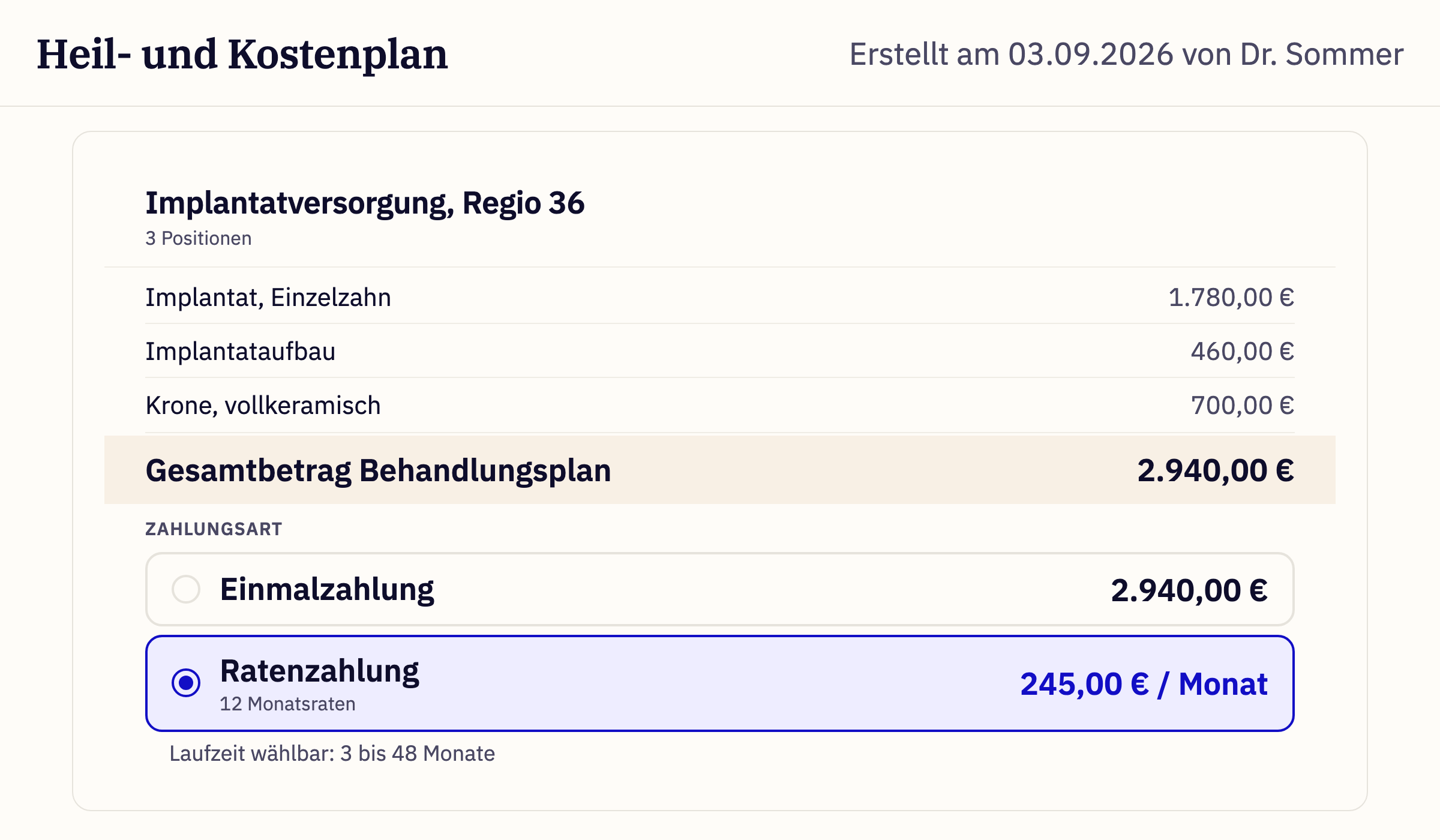 Heil- und Kostenplan mit der Ratenzahlung als Zahlungsart direkt darunter