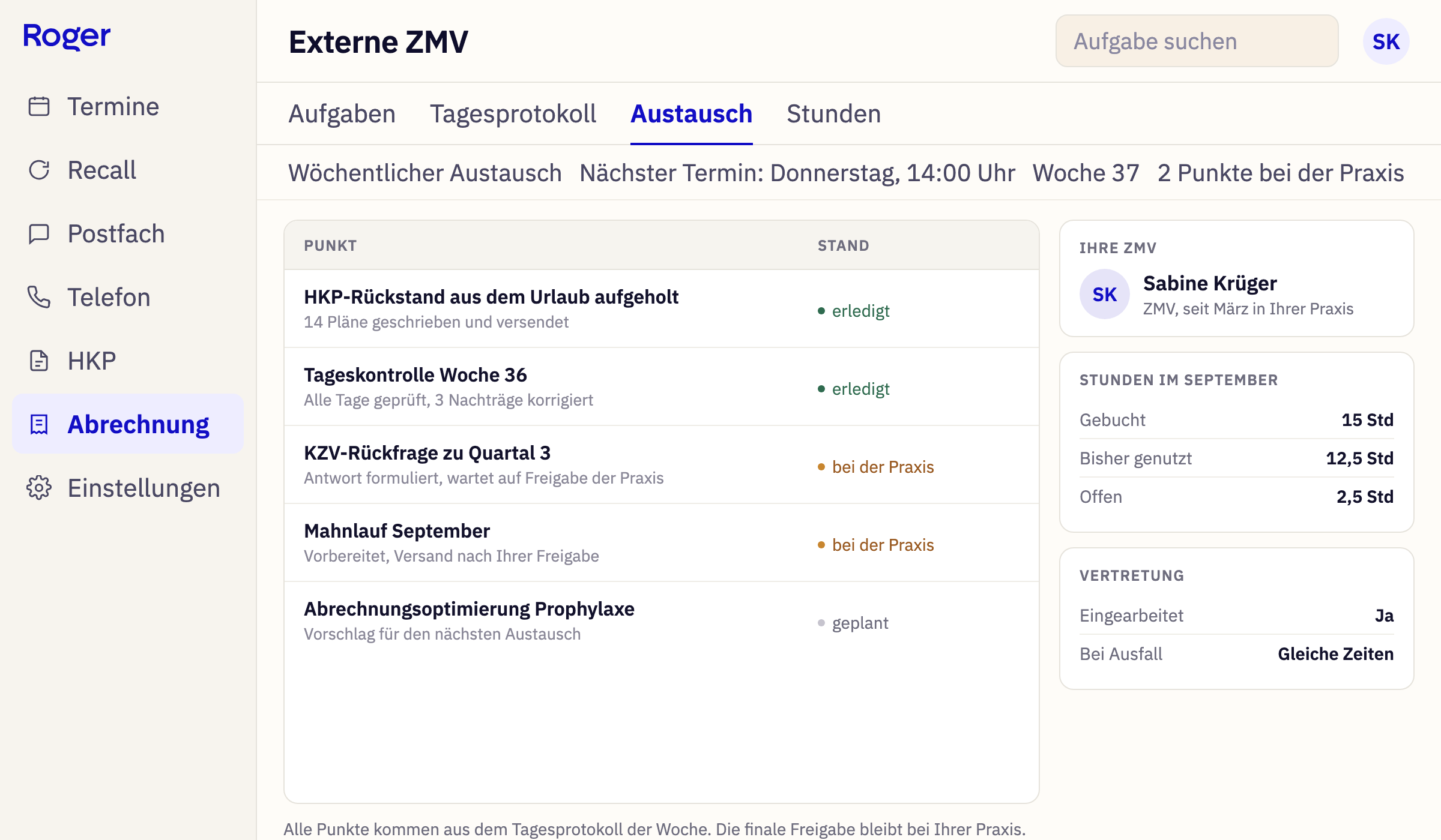 Wöchentlicher Austausch mit der externen ZMV: Agenda mit erledigten Punkten und zwei Punkten bei der Praxis