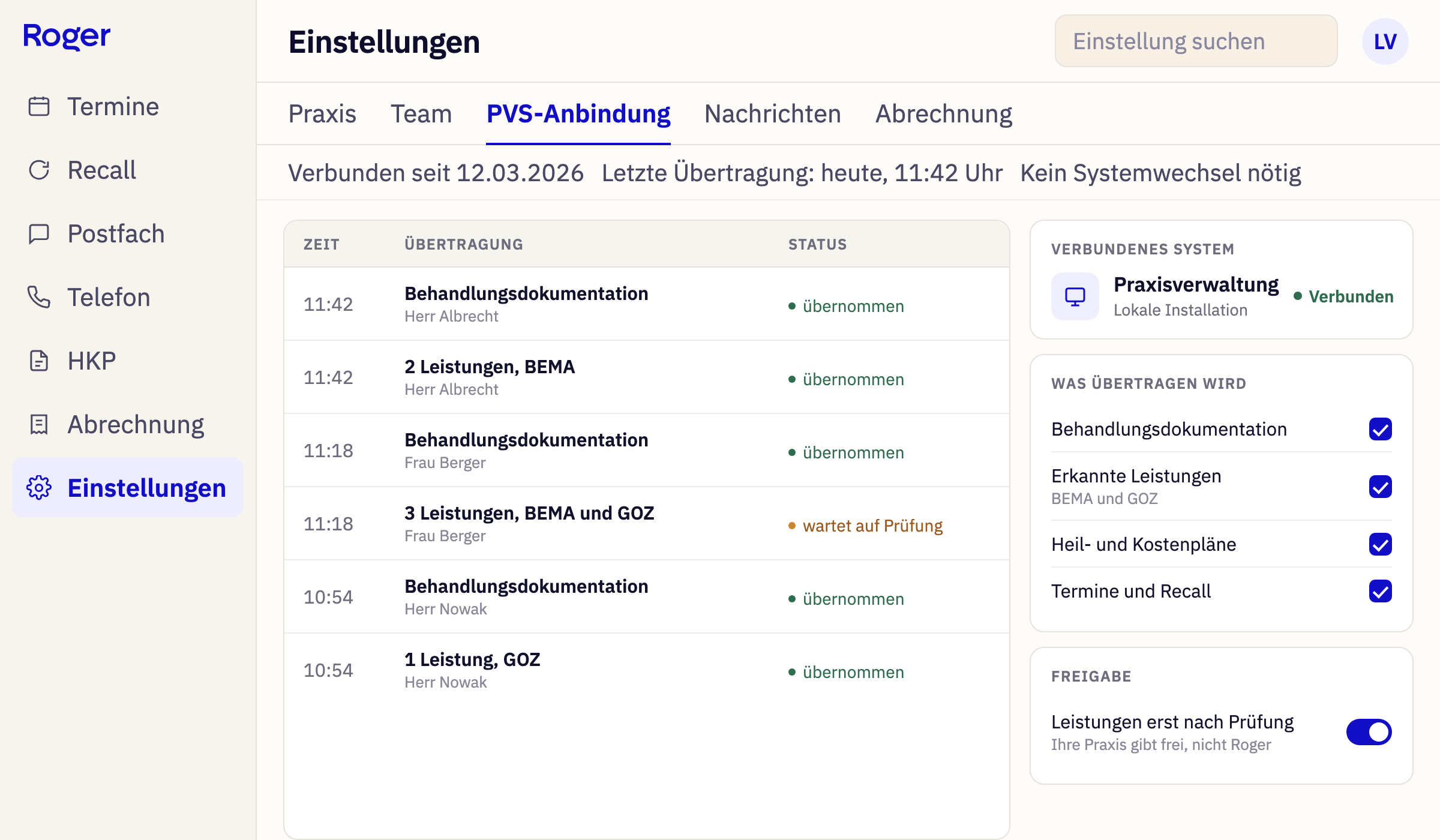 PVS-Anbindung in Roger: verbundenes System, was übertragen wird und die Freigabe durch die Praxis