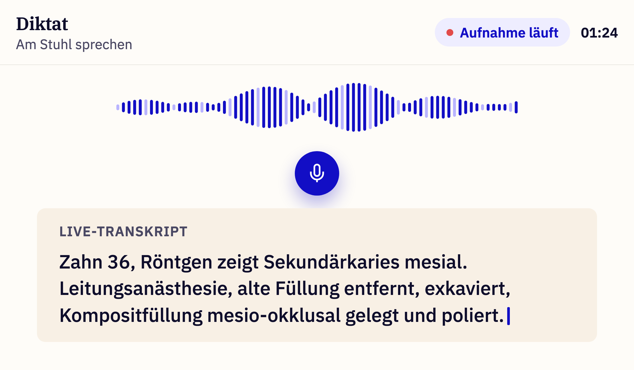 Aufnahme am Behandlungsstuhl mit laufendem Timer und dem gesprochenen Text als Live-Transkript