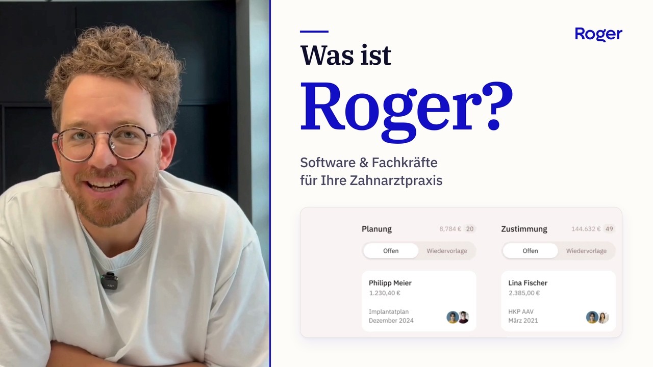 Startbild des Roger Erklärvideos: Was ist Roger, Software und Fachkräfte für Ihre Zahnarztpraxis
