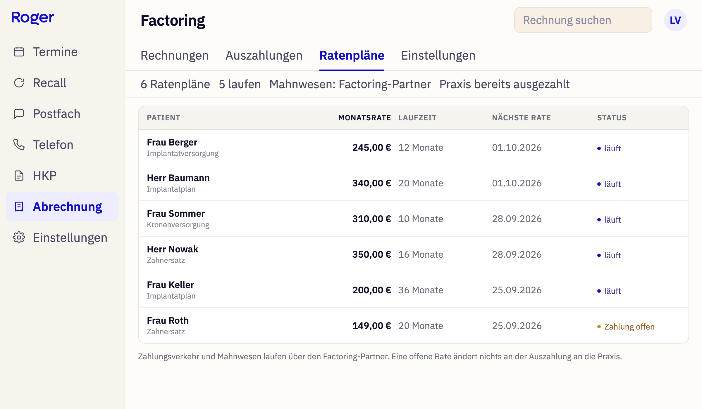 Ratenpläne in Roger mit Monatsrate, Laufzeit und Status je Patient