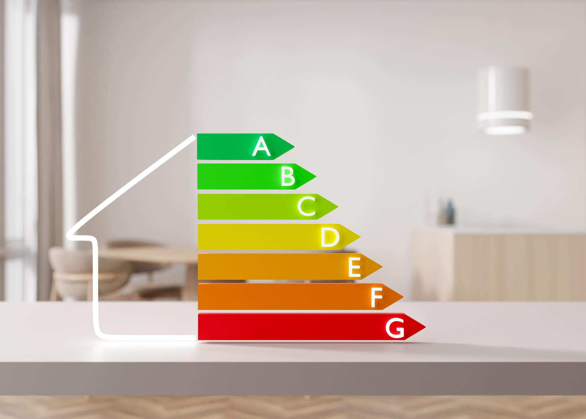 Energiatehokkuusluokitus A:sta G:hen talon ääriviivojen vieressä, valkoisella pöydällä, jossa on puinen tausta ja pehmeä valaistus.
