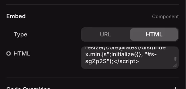Double-click it to access the properties panel. Switch the Embed type to HTML and paste your code inside. You can now drag the Embed anywhere on your page.