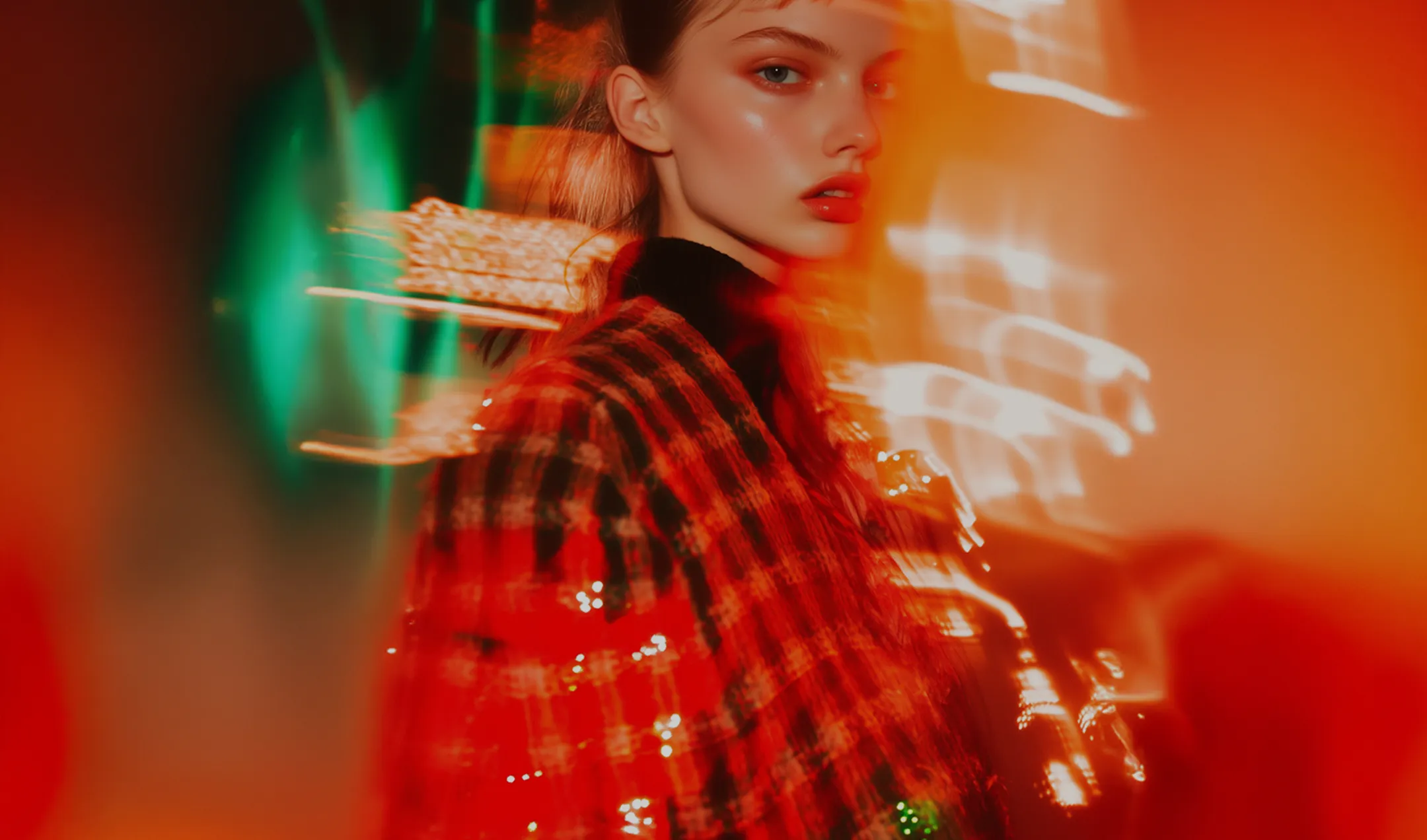 Stylized portrait of a person wearing a beanie and coat, with a motion blur effect and a vibrant orange and blue background.