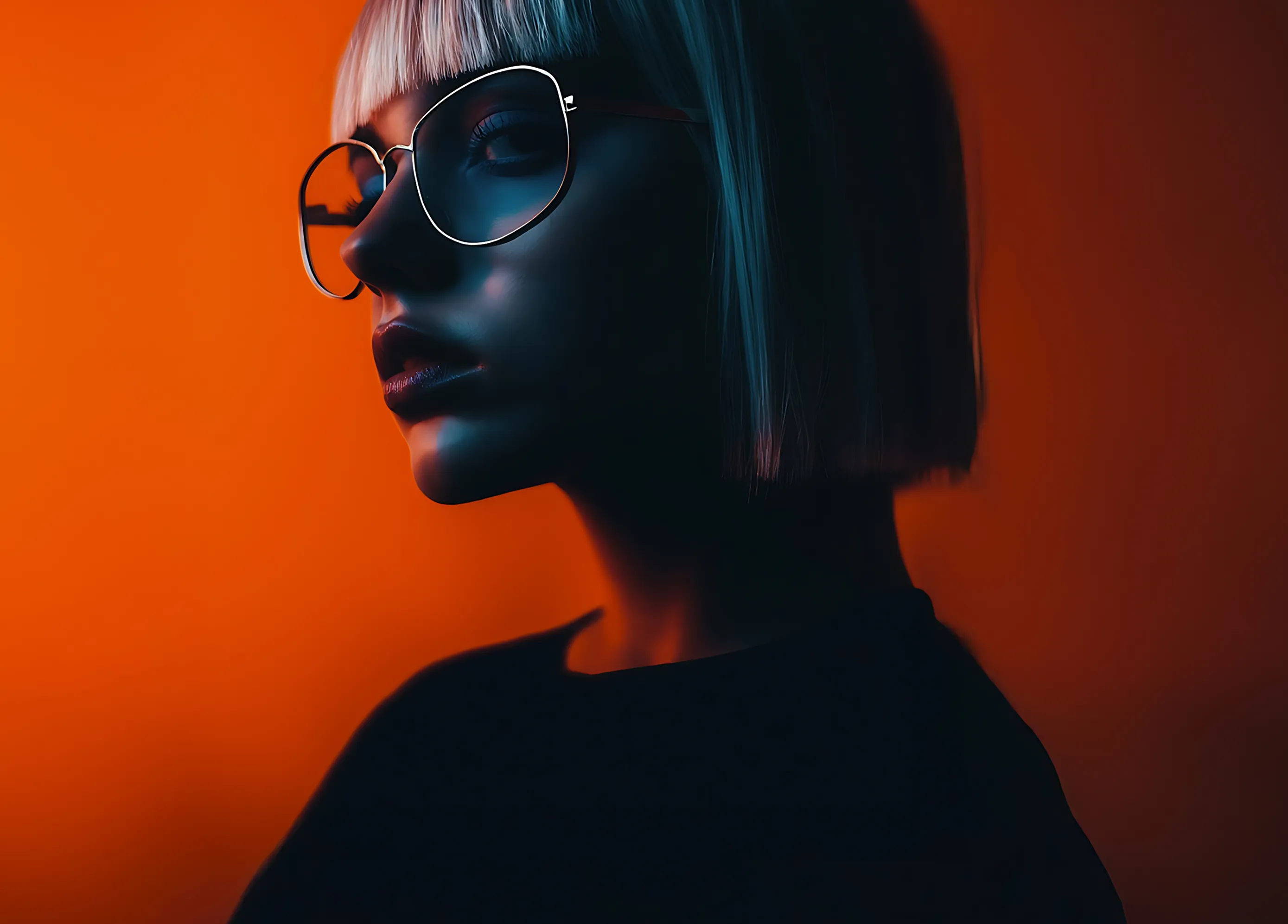 Close-up side profile of a person with short blonde hair and large round glasses against an orange background.