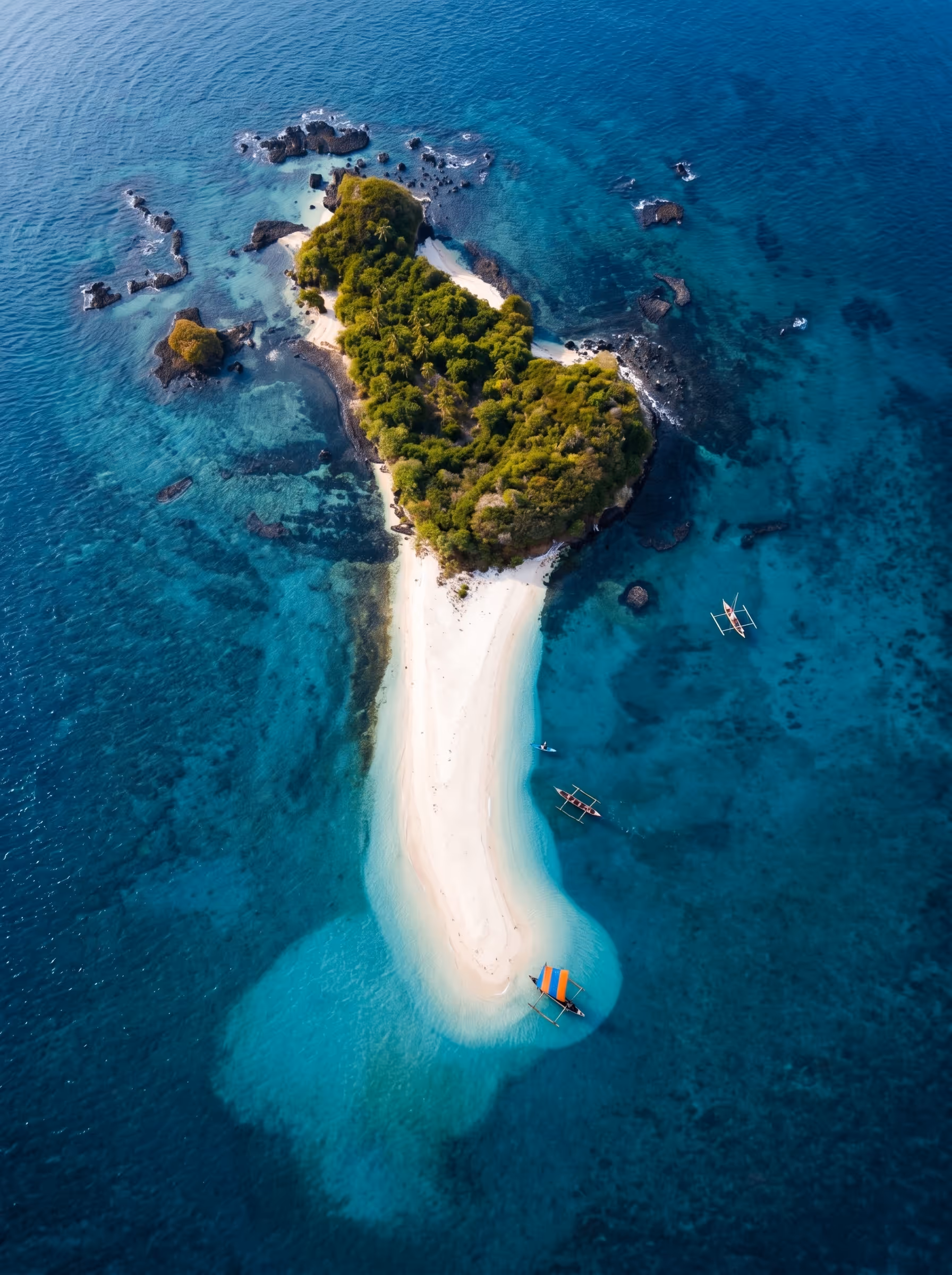 Île de Nosy Fanihy à Nosy Be vue depuis le ciel avec ses eaux turquoise et sa plage de sable blanc
