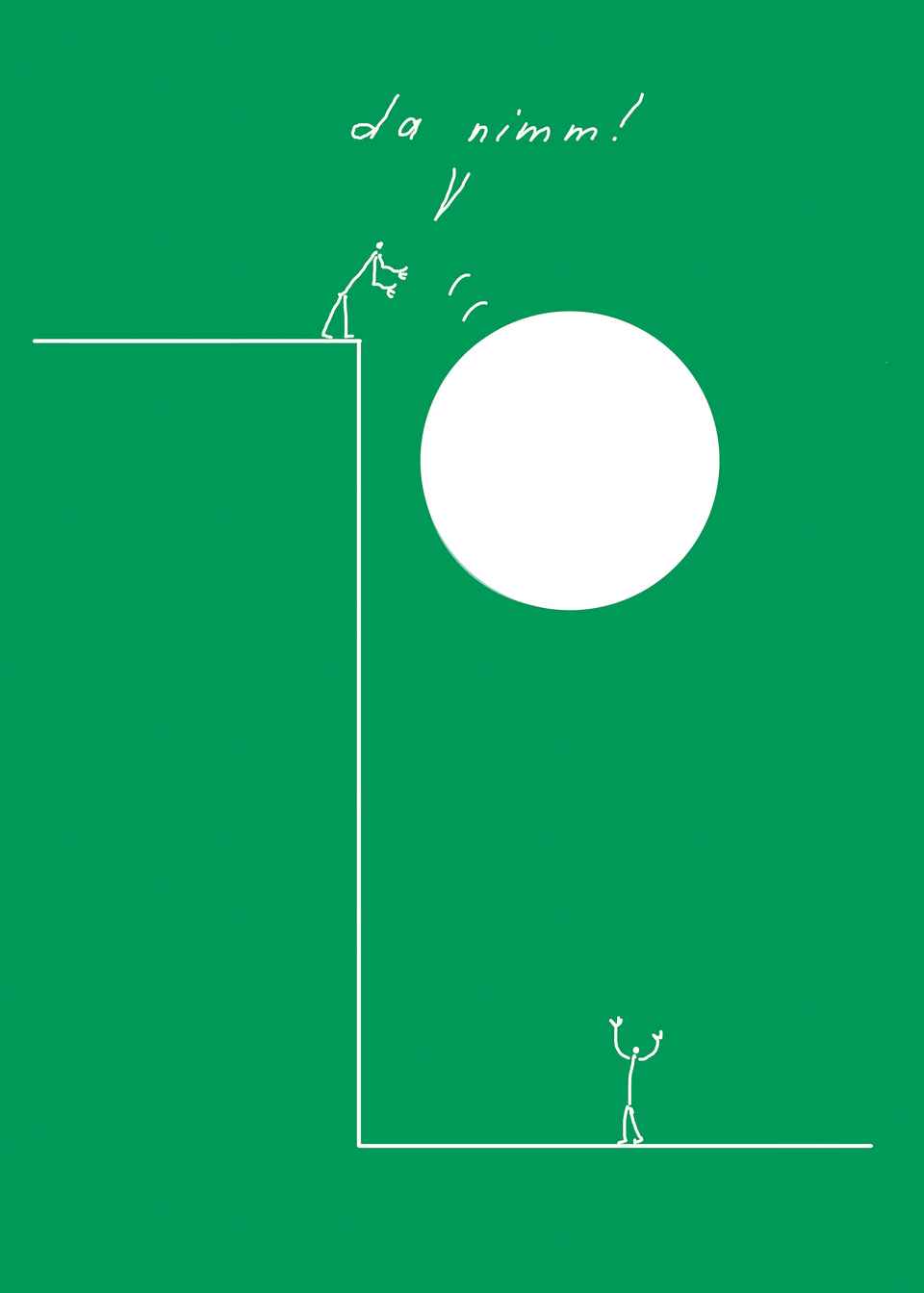 Illustration: Strichfigur wirft von einer Kante eine Kugel mit dem Ausruf «da nimm!» einer zweiten Figur zu, die sie unten auffängt.