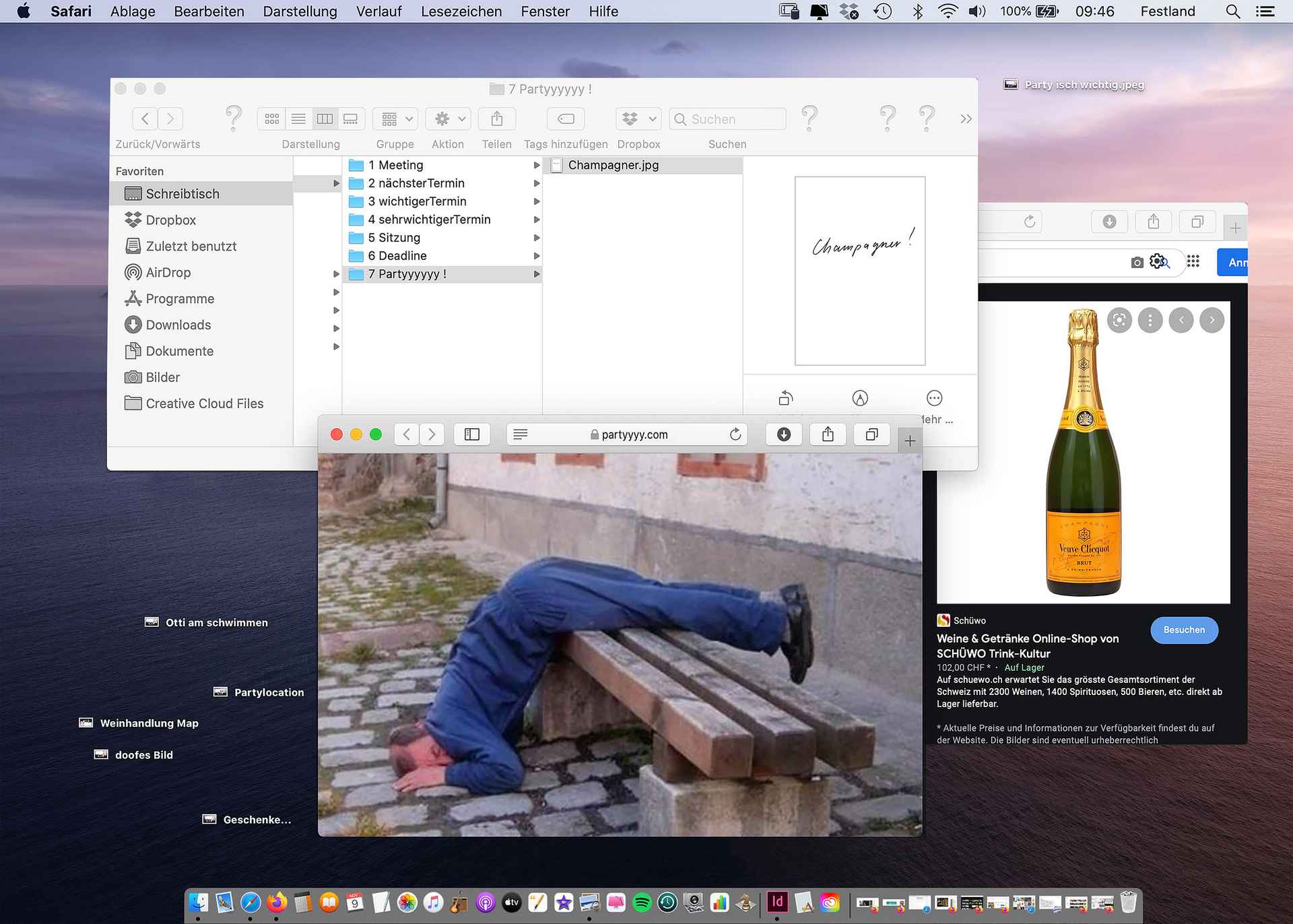 Screenshot eines Mac-Desktops mit ironisch benannten Ordnern, einer Champagnerflasche und einem Foto einer Person, die über eine Parkbank gesunken ist.